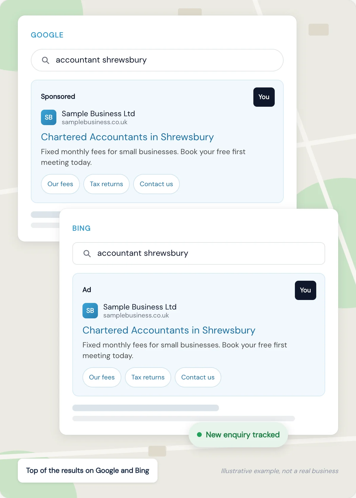 Illustration of a local business ad at the top of Google and Bing search results