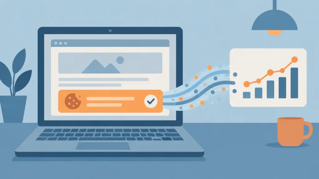 Illustration of a cookie consent banner on a laptop with data flowing into a chart.