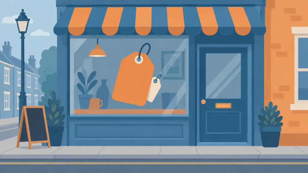 Illustration of a UK shopfront with a visible price tag and a second hidden price tag behind it.