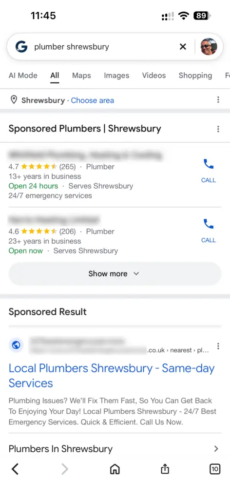 Your Google Business Profile Is Free. Getting a Call From It Isn't. Mobile Google results for plumber Shrewsbury showing sponsored Local Services Ads with call buttons above a sponsored text ad.