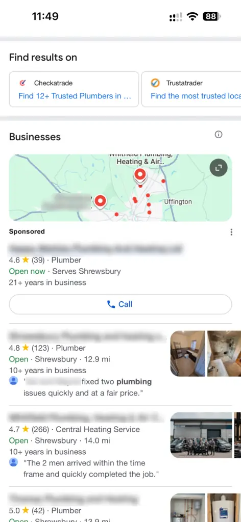 Your Google Business Profile Is Free. Getting a Call From It Isn't. Google map pack for plumbers in Shrewsbury with one sponsored listing showing a call button and free listings without one.