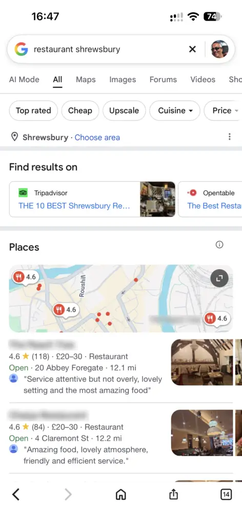 Your Google Business Profile Is Free. Getting a Call From It Isn't. Mobile Google results for restaurants in Shrewsbury showing directory links and a map of free listings with no adverts.