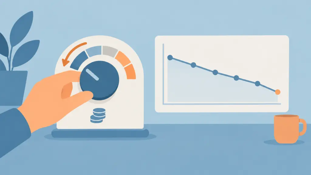 Illustration of a budget dial being turned down beside a dipping line chart.