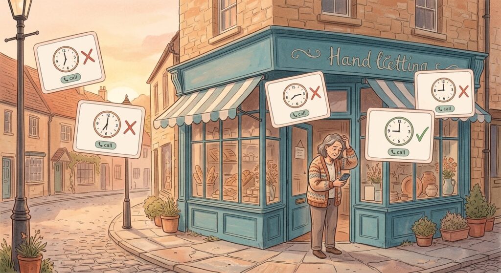 Illustration of a shop owner outside a high street shop, surrounded by business listing cards showing mismatched details.