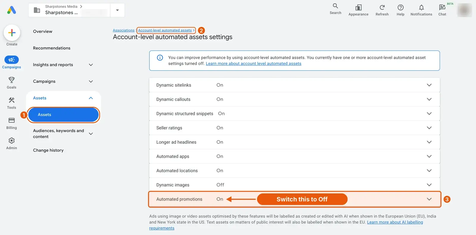 google ads automated promotions setting