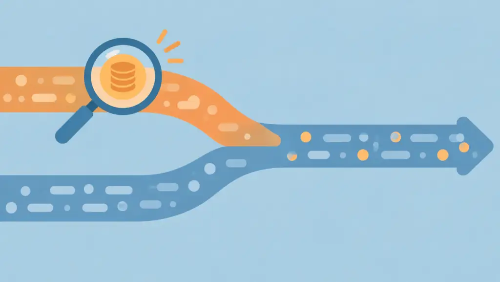 Illustration of two data streams merging, one marked with a coin icon, with a magnifying glass highlighting it.