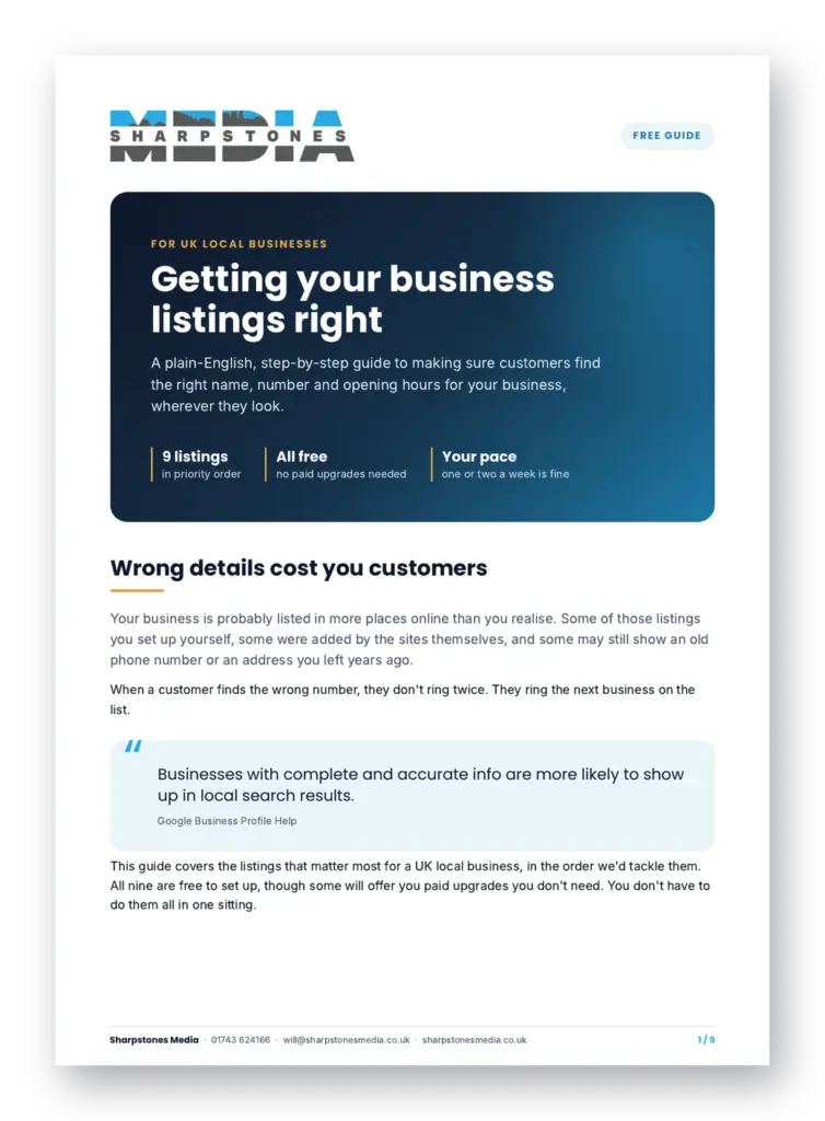 Front cover of the free Sharpstones Media guide, Getting your business listings right