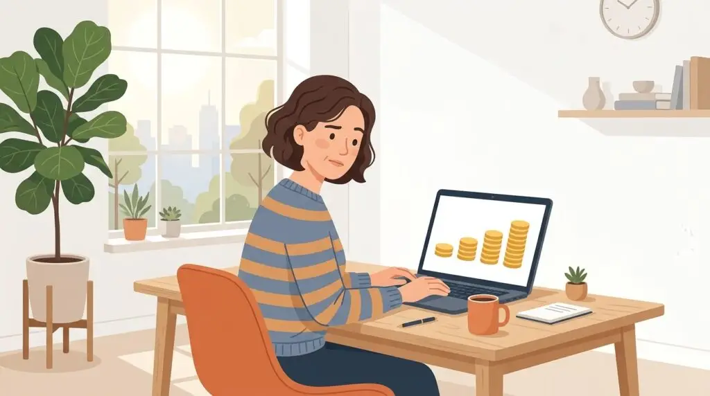 Illustration of a business owner looking puzzled at a laptop showing stacks of coins growing taller.